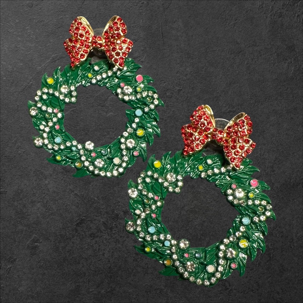 Christmas Wreath Earrings Sugarein Rhinestone‎ Bow Holiday Dangle Green Red